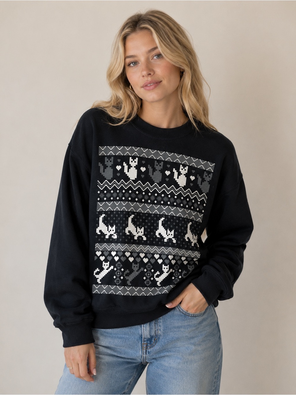 Black Matter Womens Cat Cotton Sweatshirt Grannycore Kitten Cozy Loungewear
